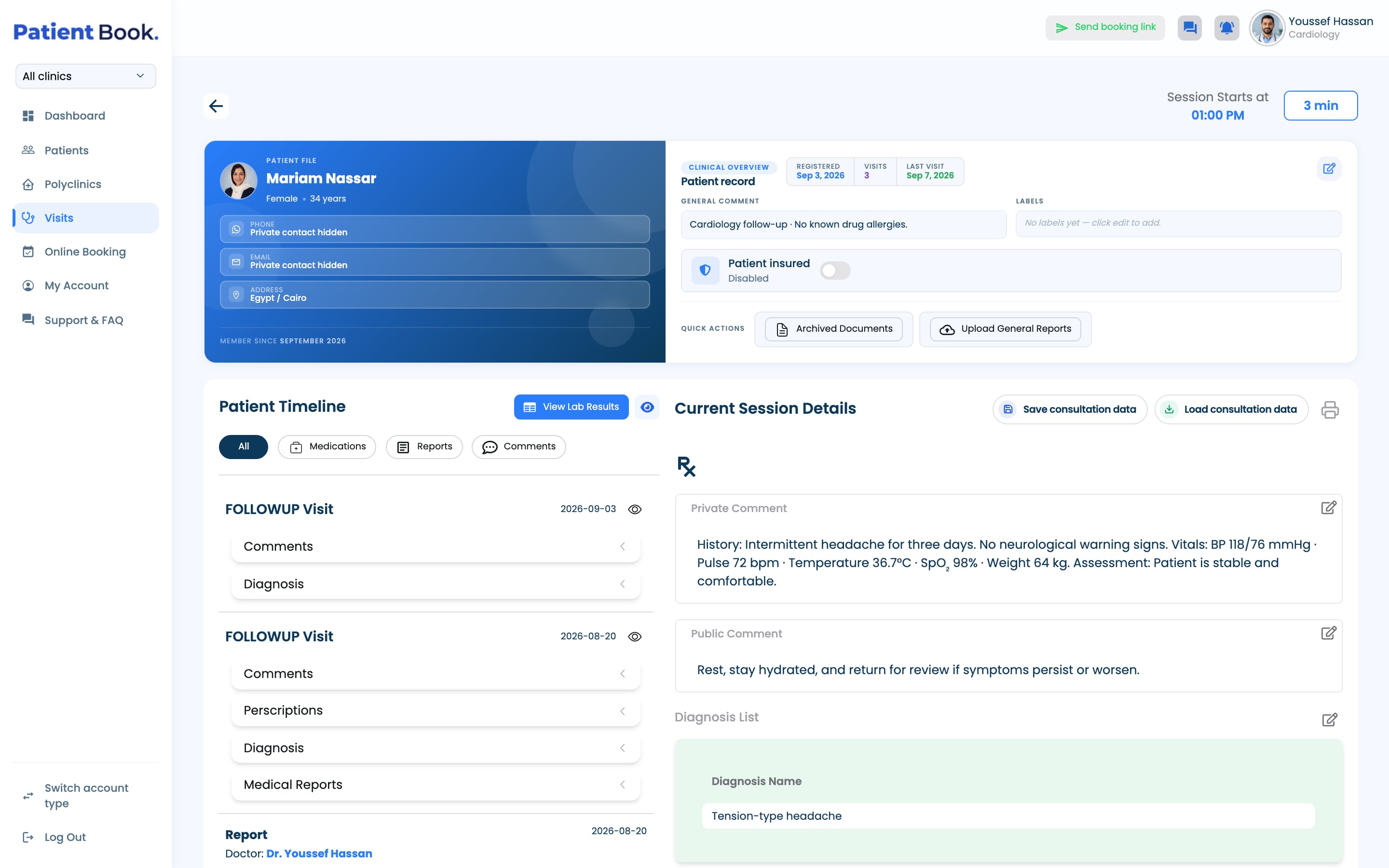 An active PatientBook consultation for Mariam Nassar, showing her profile, visit history, recorded vitals, private and public notes, diagnosis and Save consultation data action.