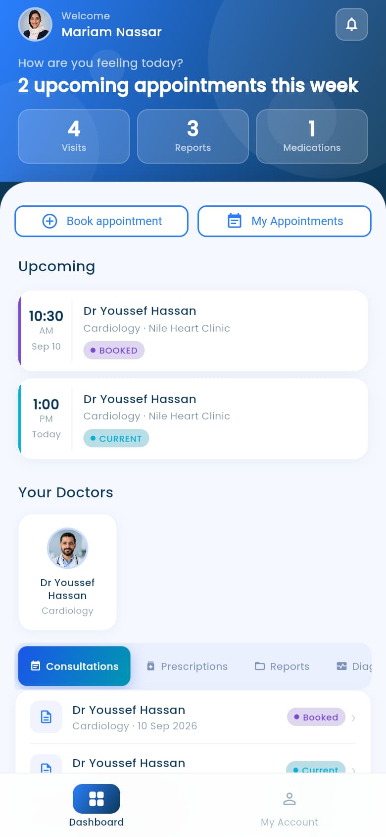 Mariam Nassar’s PatientBook mobile home with her portrait, appointment actions, a booked 10 September visit and the current 7 September visit with Dr Youssef Hassan.