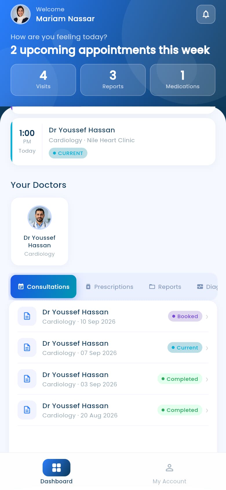 Mariam Nassar’s mobile consultations timeline with Dr Youssef Hassan: booked 10 September, current 7 September and completed 3 September and 20 August visits.
