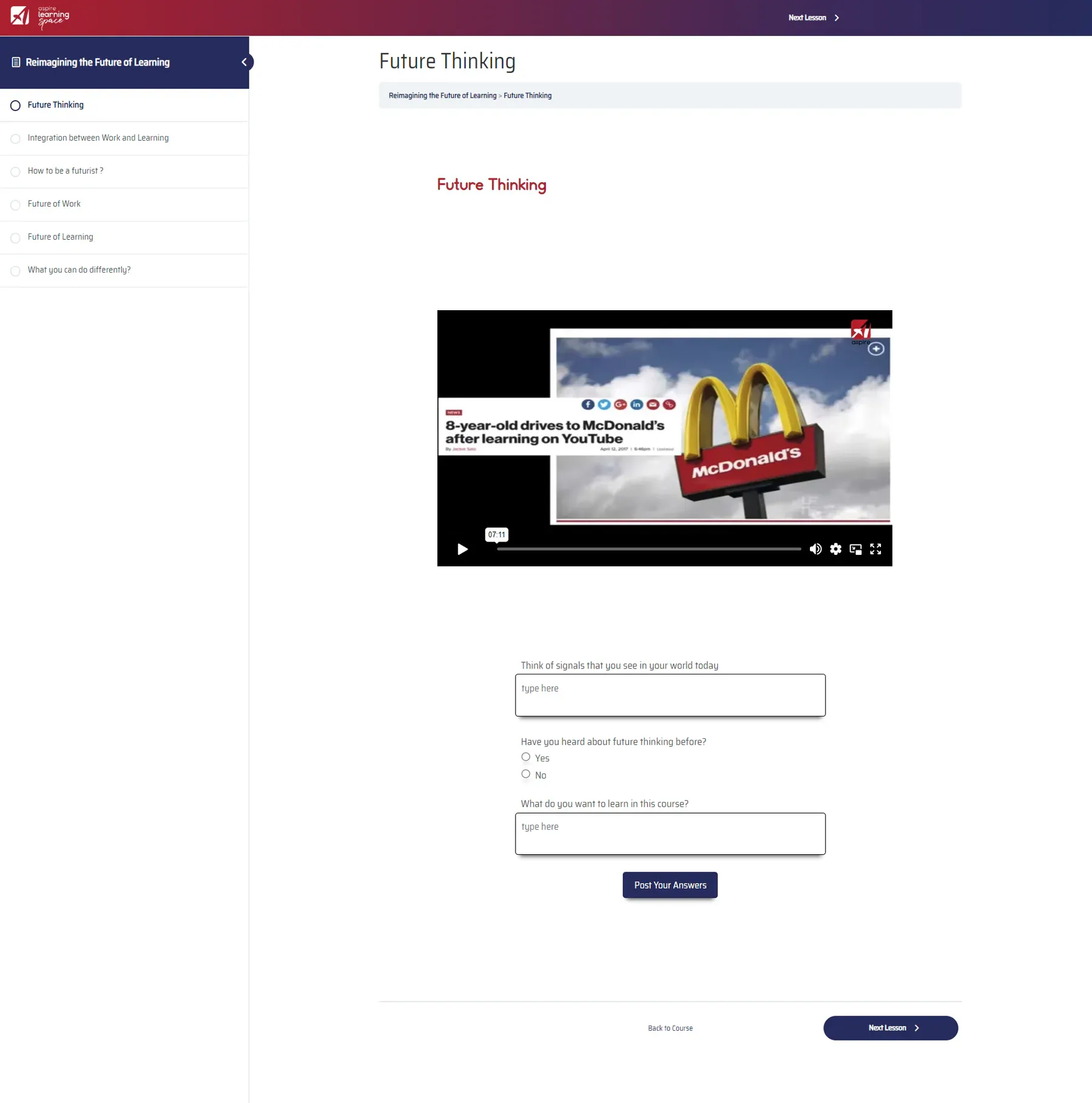 Aspire Learning Space product interface 4