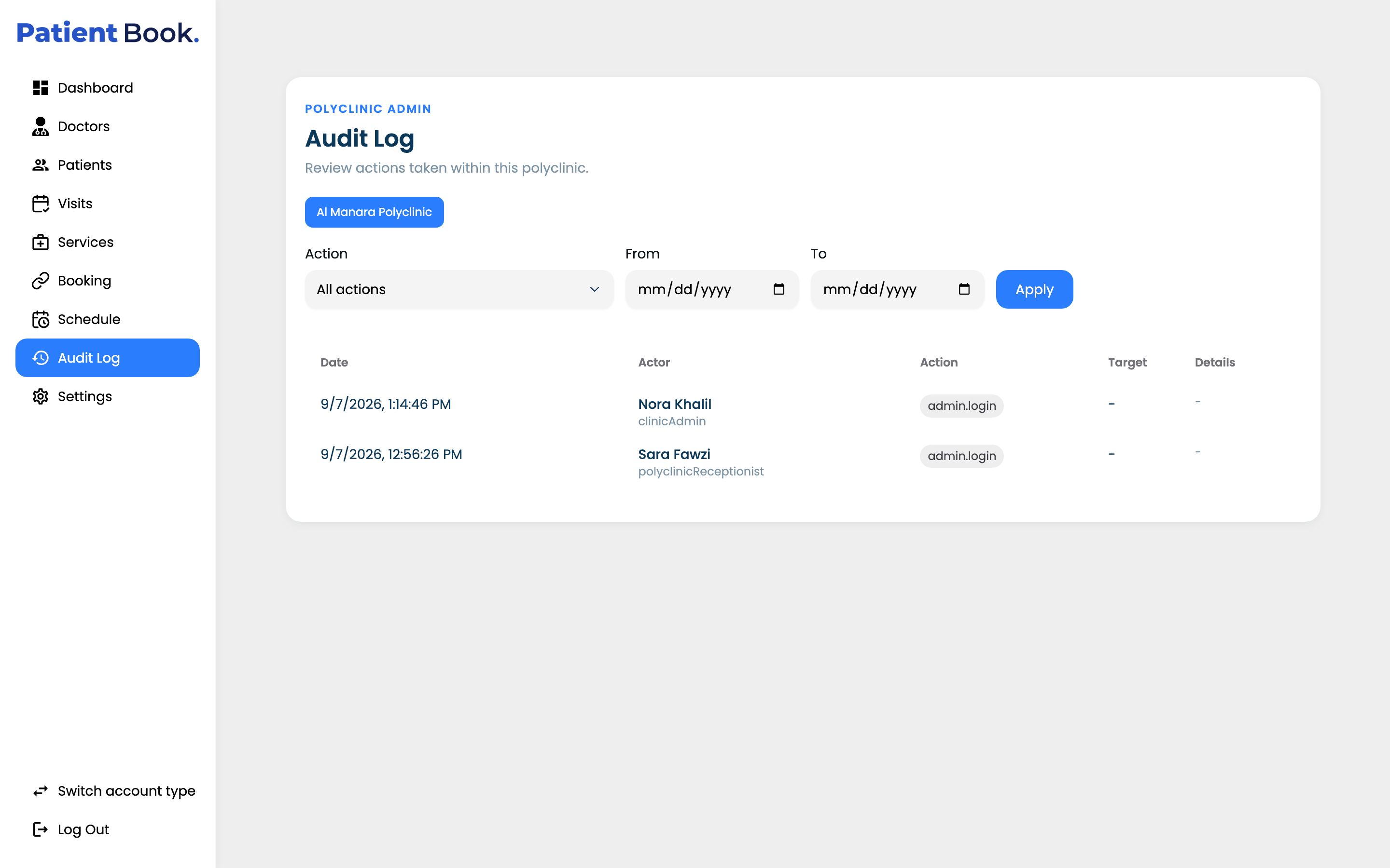 PatientBook Audit Log with actual local login events for fictional Nora Khalil and Sara Fawzi, including actor roles and timestamps.
